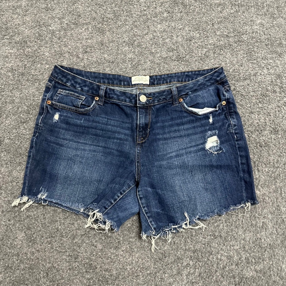 Aeropostale Denim Shorts Womens Size 15/16 Dark Wash Distressed Raw Hem Casual